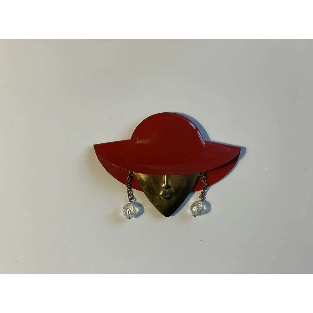 Vtg Large Brass & Enamel‎ Woman's Head Broach Dangling Earrings Art To Wear 80s